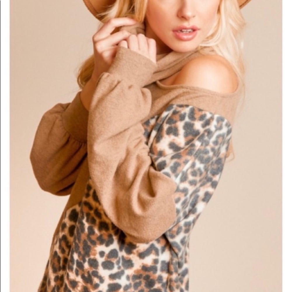 Leopard animal print turtle neck. HACCI brushed fabric.
